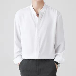 Long Sleeve Band Collar Plain Button Shirt White by Phoneus