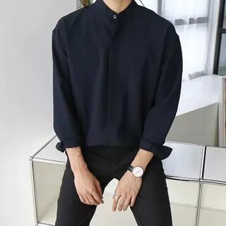 Long Sleeve Band Collar Plain Button Shirt Dark Blue by Phoneus