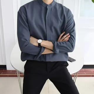 Long Sleeve Band Collar Plain Button Shirt Gray | Phoneus by Phoneus