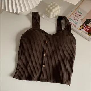Plain Button Ribbed Padded Cami Top Coffee by DIYI