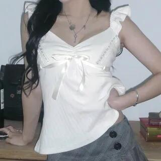 V-Neck Plain Ruffled Babydoll Top White by Sosana