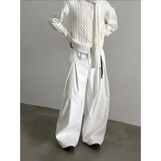 High Waist Plain Inverted Pleated Wide Leg Pants White by Nahagin