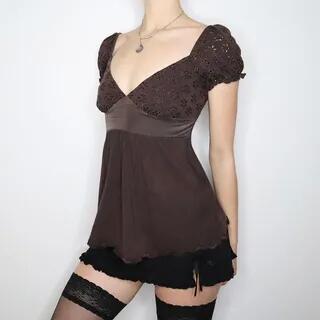 Puff Sleeve V Neck Plain Pointelle Paneled A-Line Top Brown by Sosana