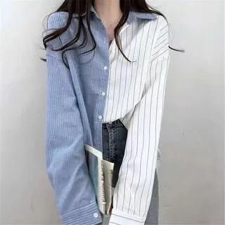 Long-Sleeve Paneled Striped Button-Up Shirt Blue by Everose