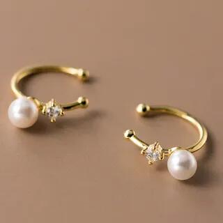 925 Sterling Silver Faux Pearl Rhinestone Ear Cuff 1 Pair - Gold by A’ROCH