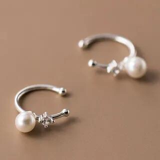 925 Sterling Silver Faux Pearl Rhinestone Ear Cuff 1 Pair - Silver by A’ROCH