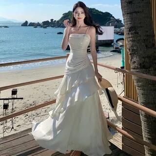 Spaghetti Strap Plain Ruffle Ruched A-Line Evening Dress Light Champagne by JIYON