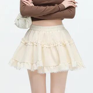 Balletcore Elastic Waist Plain Tiered Ruffle Lace Trim Mini A-Line Skirt Almond by KUMI