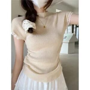 Cap-Sleeve High Neck Ruffle Trim Crop Tee Almond 275991680