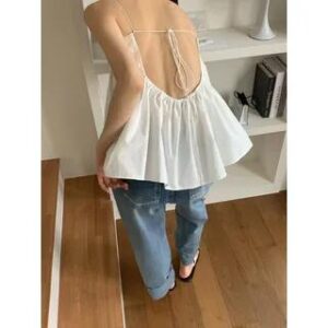 Plain Flowy Open Back Camisole Top White 276155351