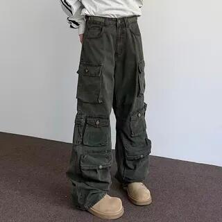 Unisex Multi-Pocket Wide-Leg Pants Green by Real Boy