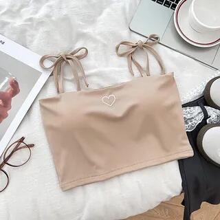 Heart Embroidered Cropped Camisole Khaki by DIYI