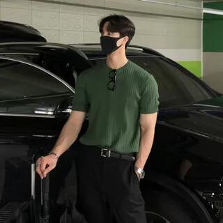 Short Sleeve Crew Neck Plain Ribbed T-Shirt Green by Wescosso