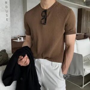 Short Sleeve Crew Neck Plain Ribbed T-Shirt Brown 276612017