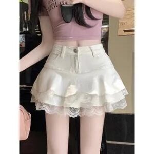 High Rise Lace Trim Ruffle Mini A-Line Denim Skirt White 276800748
