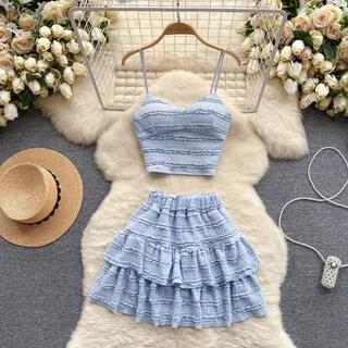 Set: Plain Frill Camisole Top + Elastic Waist Tiered Mini A-Line Skirt Blue by Lucuna