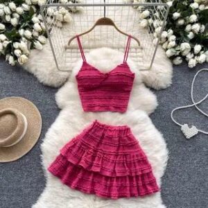 Set: Plain Frill Camisole Top + Elastic Waist Tiered Mini A-Line Skirt Rose Pink 276919284