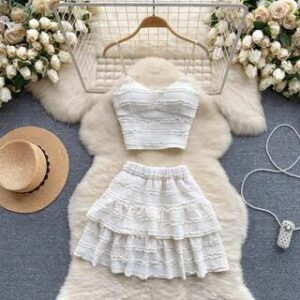 Set: Plain Frill Camisole Top + Elastic Waist Tiered Mini A-Line Skirt Almond 276919285