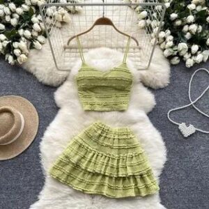 Set: Plain Frill Camisole Top + Elastic Waist Tiered Mini A-Line Skirt Green 276919287