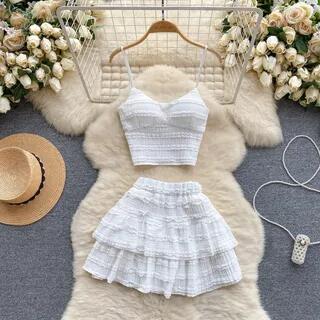 Set: Plain Frill Camisole Top + Elastic Waist Tiered Mini A-Line Skirt White by Lucuna