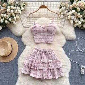 Set: Plain Frill Camisole Top + Elastic Waist Tiered Mini A-Line Skirt Pink 276919289