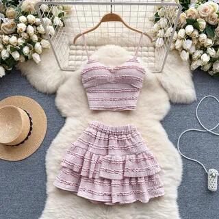 Set: Plain Frill Camisole Top + Elastic Waist Tiered Mini A-Line Skirt Pink by Lucuna