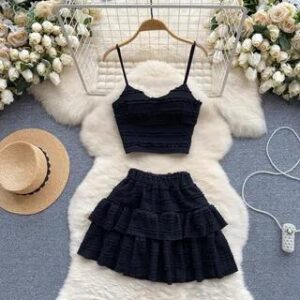 Set: Plain Frill Camisole Top + Elastic Waist Tiered Mini A-Line Skirt Black 276919294