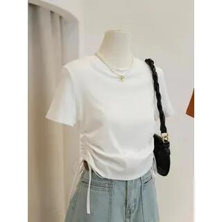 Short-Sleeve Crew Neck Plain Lace Up T-Shirt White by Rosesand