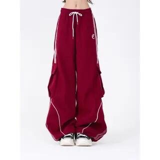 Low Waist Pocket Striped Loose-Fit Wide-Leg Sweatpants Red by Rosesand