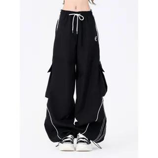 Low Waist Pocket Striped Loose-Fit Wide-Leg Sweatpants Black by Rosesand