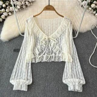 V-Neck Plain Ruffle Trim Tie Front Lace Crop Light Jacket Almond by Iasia