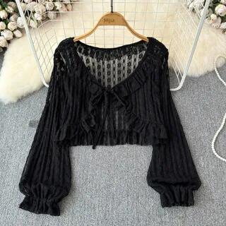 V-Neck Plain Ruffle Trim Tie Front Lace Crop Light Jacket Black by Iasia