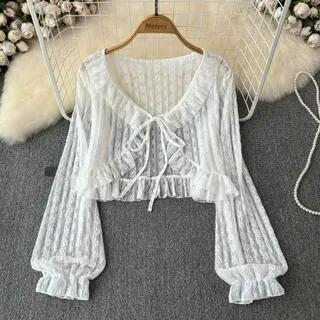 V-Neck Plain Ruffle Trim Tie Front Lace Crop Light Jacket White by Iasia