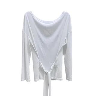 Long-Sleeve Scoop Neck Plain Sashed Slim Fit Top White by Shinsei