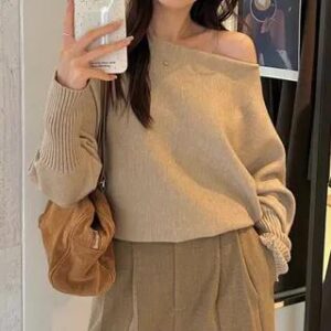 Off Shoulder Plain Sweater Almond 277143026