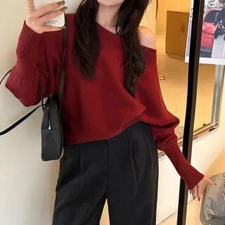 Off Shoulder Plain Sweater Red by KUMI