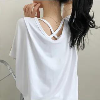 Short-Sleeve Cross Strap Plain Top Black by Chubby Girl