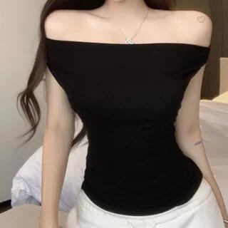 Sleeveless Off Shoulder Plain Top Black by Trendycas