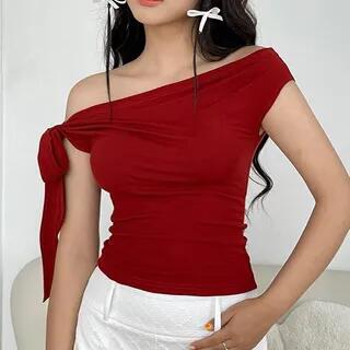 Short-Sleeve Off Shoulder Plain Crop Top Red by Sosana