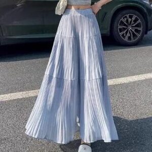 High Rise Plain Accordion Pleated Maxi A-Line Skirt Blue 277234193