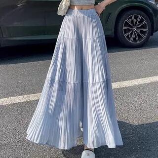 High Rise Plain Accordion Pleated Maxi A-Line Skirt Blue by Cloud Nine