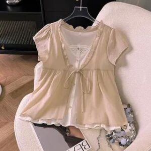 Short Sleeve Scoop Neck Tie Front Layered Top Almond 277234215