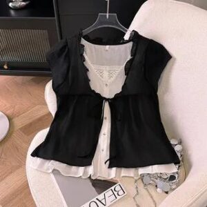Short Sleeve Scoop Neck Tie Front Layered Top Black 277234216