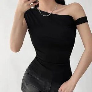 Off-Shoulder Plain Asymmetrical Ruched Slim Fit Crop Top LF1556 - Top - Black 277278804