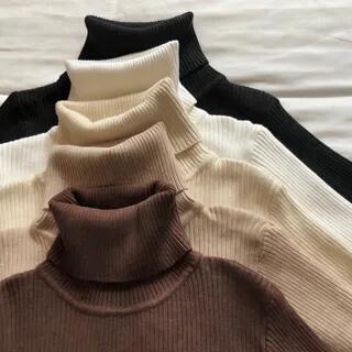 Long-Sleeve Turtleneck Ribbed Knit Top Brick Red by PINPI