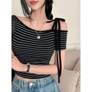 Short-Sleeve Off-Shoulder Striped Tie-Strap Top Black 277308885