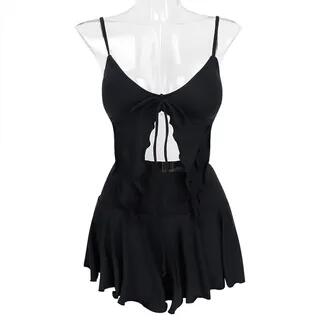 Set: Lettuce Hem Tie-String Bikini Crop Top + Panel Swim Skirt Black by Komorkowe