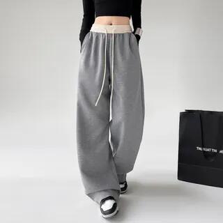 Drawstring Waist Two Tone Wide Leg Sweatpants H-1196-2 - Light Gray by Asiris
