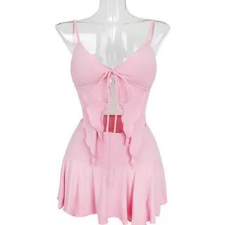 Set: Lettuce Hem Tie-String Bikini Crop Top + Panel Swim Skirt Pink by Komorkowe