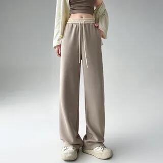 Drawstring Waist Two Tone Wide Leg Sweatpants H-1196-2 - Khaki by Asiris